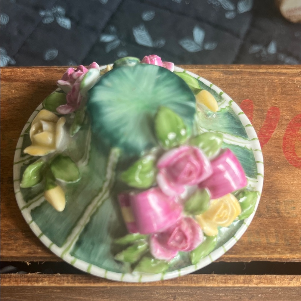 Green Floral Ceramic Hat Pin Dish with Pink and Yellow Roses porcelain